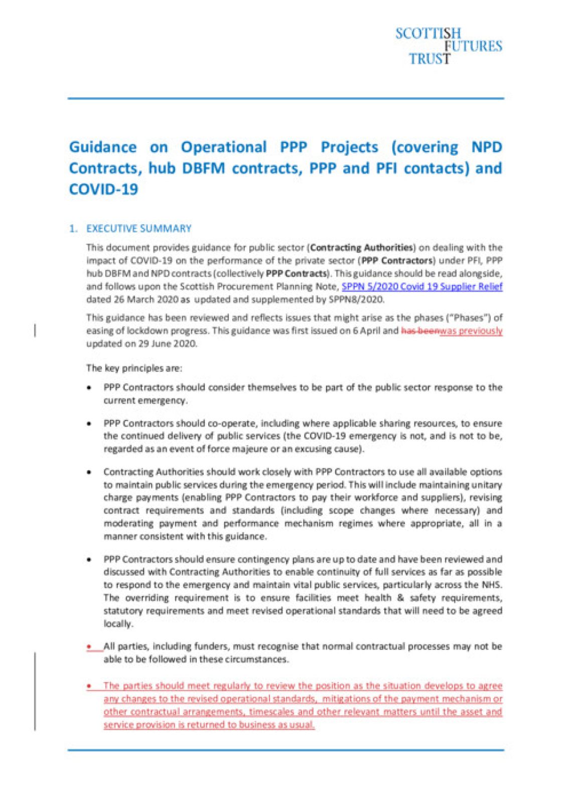 Guidance on Operational PPP Projects (Comparison Sept 2020 - to June 2020) cover