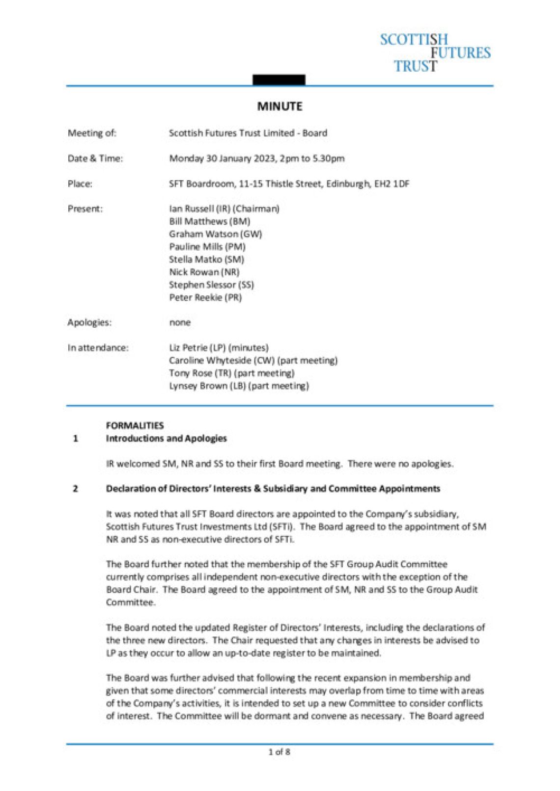 SFT Board minutes - January 2023 cover