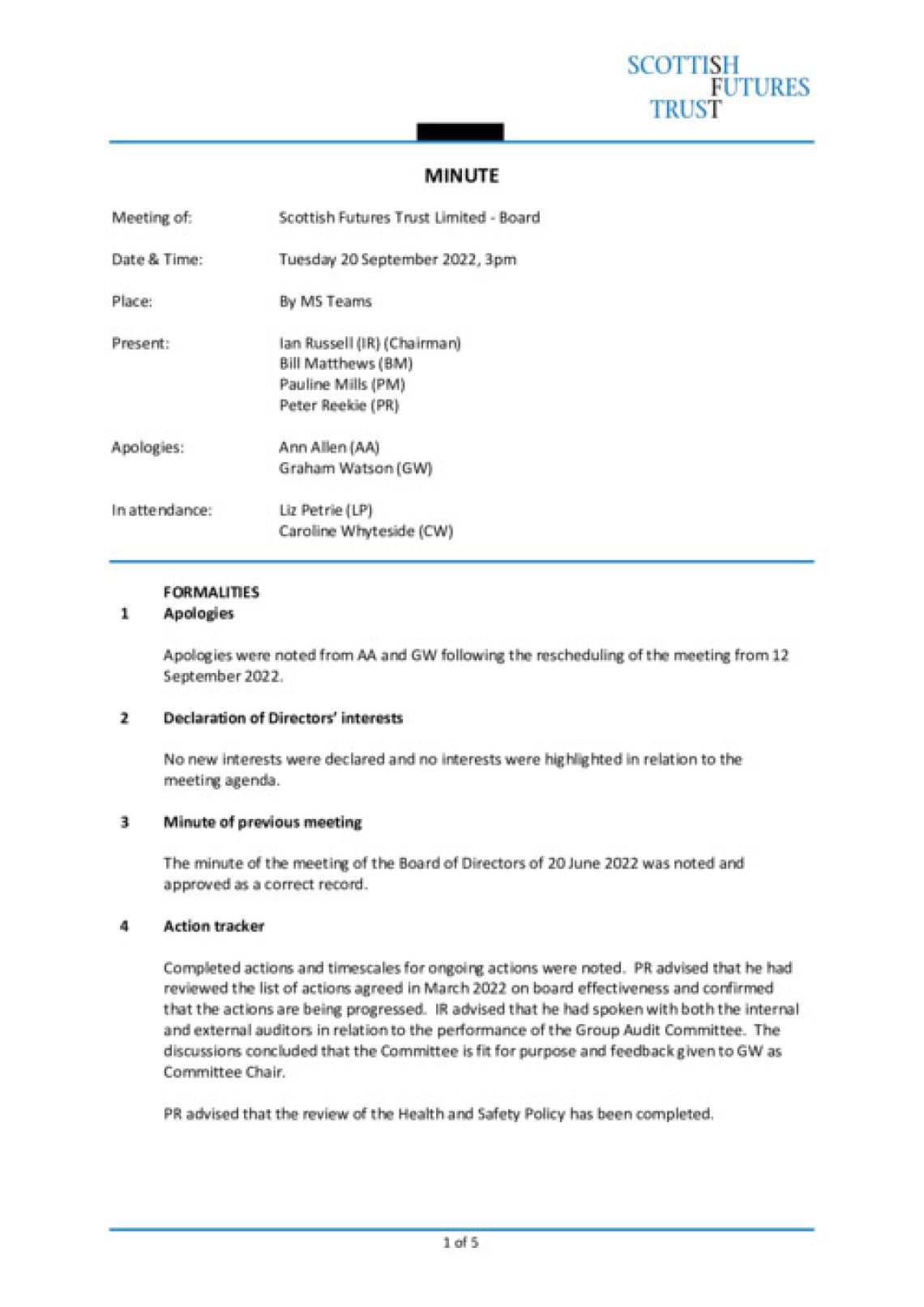 SFT Board minutes - September 2022 cover
